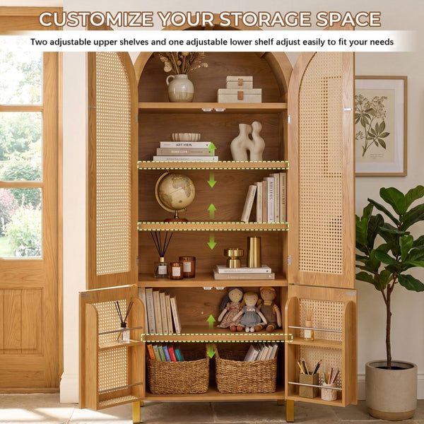 English Elm 71" Tall Rattan Door Farmhouse Cabinet with Adjustable Shelves for Dining Kitchen Oak W2917P493735