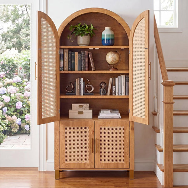 English Elm 71" Tall Rattan Door Farmhouse Cabinet with Adjustable Shelves for Dining Kitchen Oak W2917P493735
