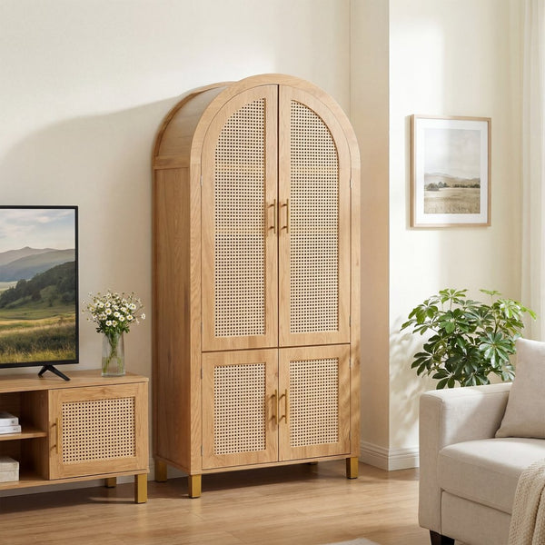 English Elm 71" Tall Rattan Door Farmhouse Cabinet with Adjustable Shelves for Dining Kitchen Oak W2917P493735