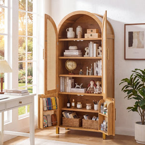 English Elm 71" Tall Rattan Door Farmhouse Cabinet with Adjustable Shelves for Dining Kitchen Oak W2917P493735