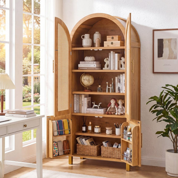 English Elm 71" Tall Rattan Door Farmhouse Cabinet with Adjustable Shelves for Dining Kitchen Oak W2917P493735