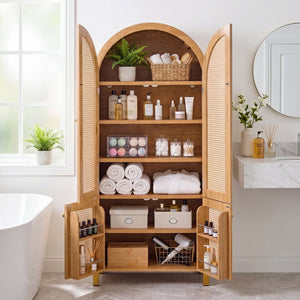 English Elm 71" Tall Rattan Door Farmhouse Cabinet with Adjustable Shelves for Dining Kitchen Oak W2917P493735