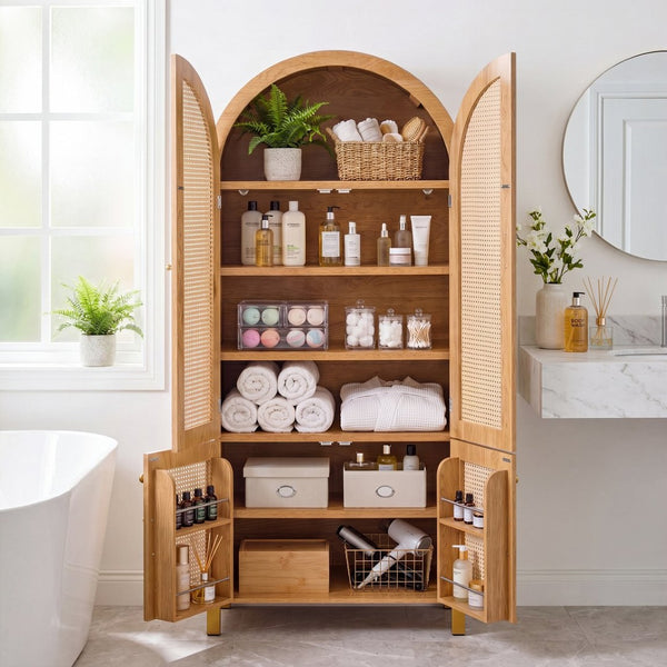 English Elm 71" Tall Rattan Door Farmhouse Cabinet with Adjustable Shelves for Dining Kitchen Oak W2917P493735