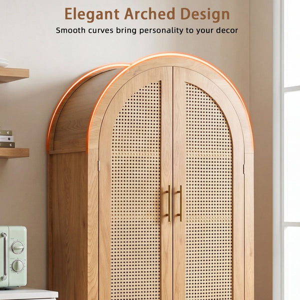 English Elm 71" Tall Rattan Door Farmhouse Cabinet with Adjustable Shelves for Dining Kitchen Oak W2917P493735