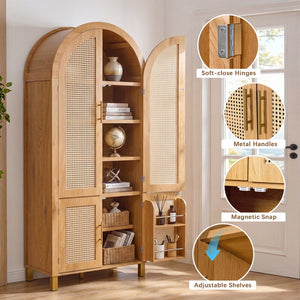 English Elm 71" Tall Rattan Door Farmhouse Cabinet with Adjustable Shelves for Dining Kitchen Oak W2917P493735
