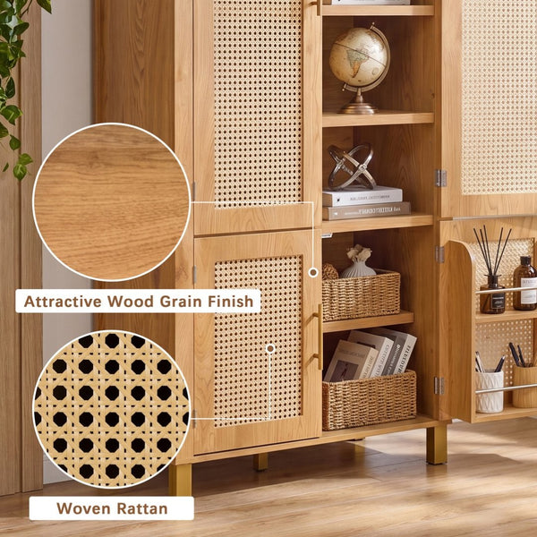 English Elm 71" Tall Rattan Door Farmhouse Cabinet with Adjustable Shelves for Dining Kitchen Oak W2917P493735