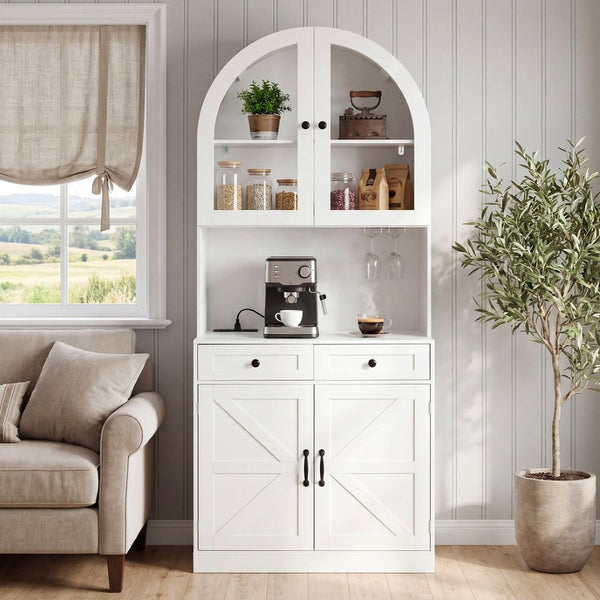 English Elm 75 Inch Farmhouse Pantry Cabinet with Charging Station Barn Door and Glass Shelving White W2917P493777