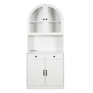 English Elm 75 Inch Farmhouse Pantry Cabinet with Charging Station Barn Door and Glass Shelving White W2917P493777