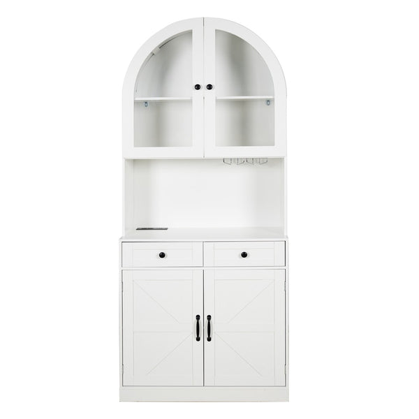 English Elm 75 Inch Farmhouse Pantry Cabinet with Charging Station Barn Door and Glass Shelving White W2917P493777