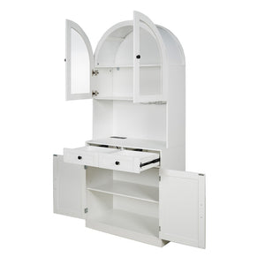 English Elm 75 Inch Farmhouse Pantry Cabinet with Charging Station Barn Door and Glass Shelving White W2917P493777