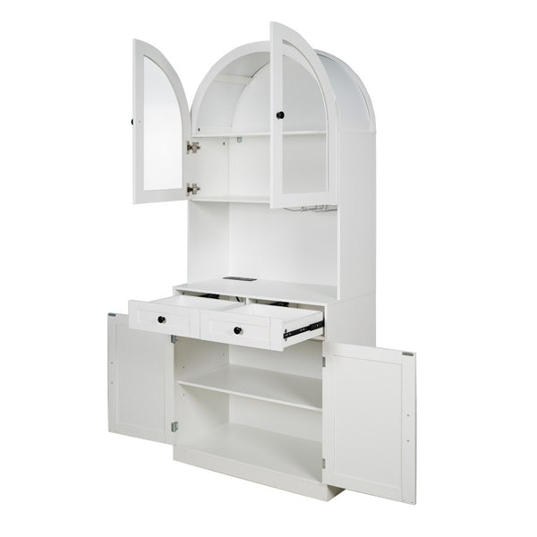 English Elm 75 Inch Farmhouse Pantry Cabinet with Charging Station Barn Door and Glass Shelving White W2917P493777