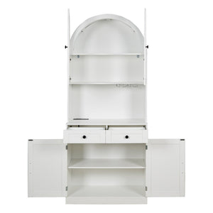 English Elm 75 Inch Farmhouse Pantry Cabinet with Charging Station Barn Door and Glass Shelving White W2917P493777