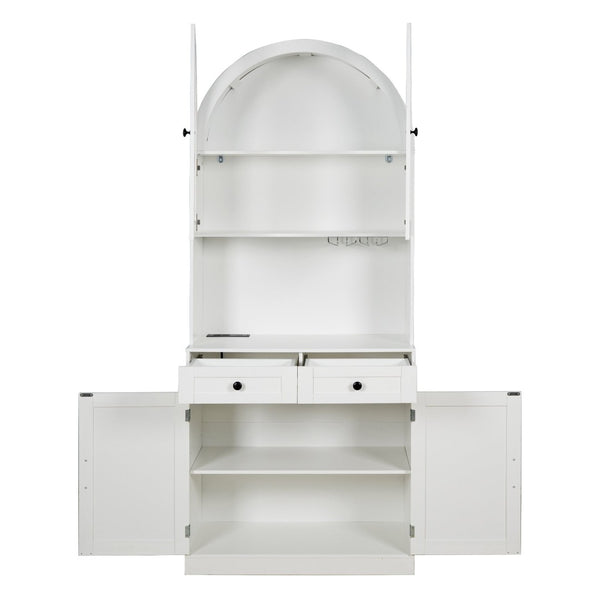 English Elm 75 Inch Farmhouse Pantry Cabinet with Charging Station Barn Door and Glass Shelving White W2917P493777