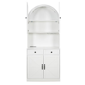 English Elm 75 Inch Farmhouse Pantry Cabinet with Charging Station Barn Door and Glass Shelving White W2917P493777