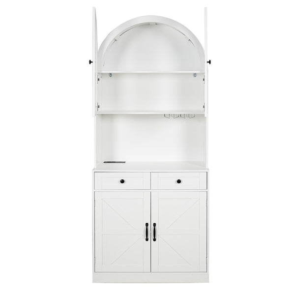English Elm 75 Inch Farmhouse Pantry Cabinet with Charging Station Barn Door and Glass Shelving White W2917P493777