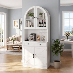 English Elm 75 Inch Farmhouse Pantry Cabinet with Charging Station Barn Door and Glass Shelving White W2917P493777