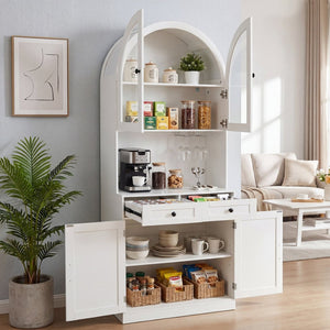English Elm 75 Inch Farmhouse Pantry Cabinet with Charging Station Barn Door and Glass Shelving White W2917P493777