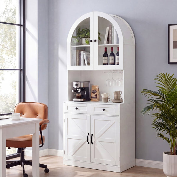 English Elm 75 Inch Farmhouse Pantry Cabinet with Charging Station Barn Door and Glass Shelving White W2917P493777
