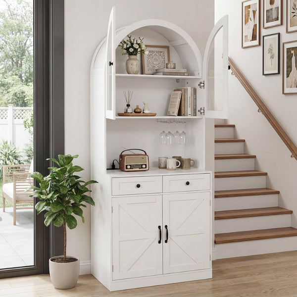 English Elm 75 Inch Farmhouse Pantry Cabinet with Charging Station Barn Door and Glass Shelving White W2917P493777