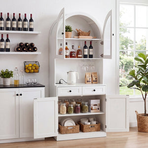 English Elm 75 Inch Farmhouse Pantry Cabinet with Charging Station Barn Door and Glass Shelving White W2917P493777