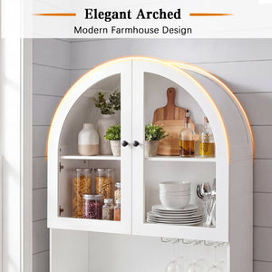 English Elm 75 Inch Farmhouse Pantry Cabinet with Charging Station Barn Door and Glass Shelving White W2917P493777
