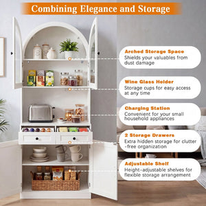 English Elm 75 Inch Farmhouse Pantry Cabinet with Charging Station Barn Door and Glass Shelving White W2917P493777