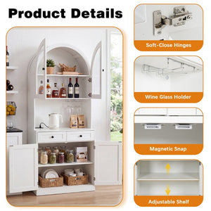 English Elm 75 Inch Farmhouse Pantry Cabinet with Charging Station Barn Door and Glass Shelving White W2917P493777
