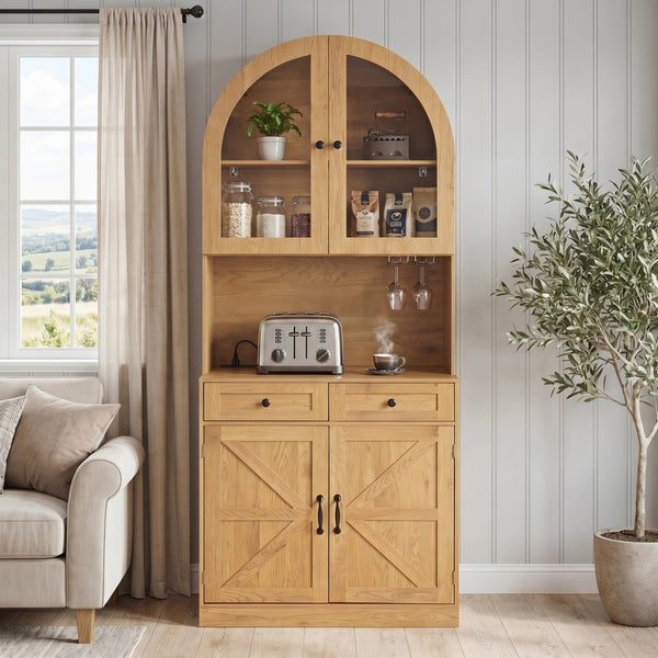 English Elm 75 Inch Farmhouse Pantry Cabinet with Charging Station Barn Door and Glass Shelving Oak W2917P493786