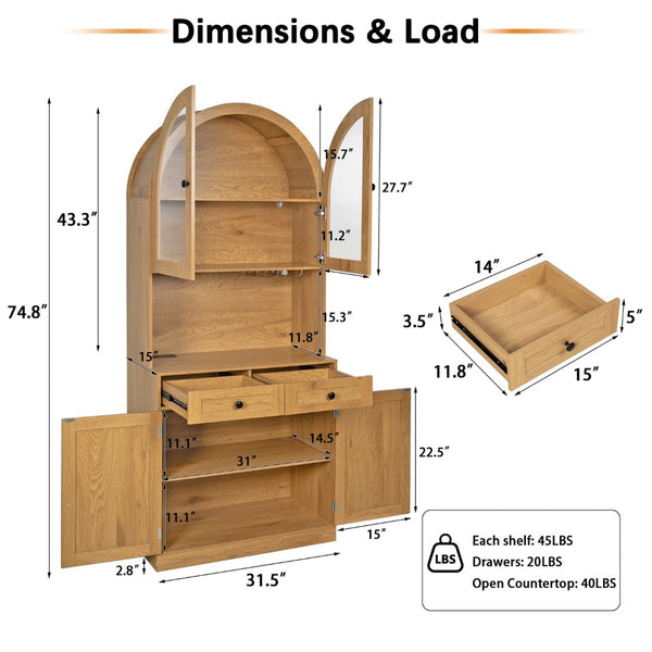 English Elm 75 Inch Farmhouse Pantry Cabinet with Charging Station Barn Door and Glass Shelving Oak W2917P493786