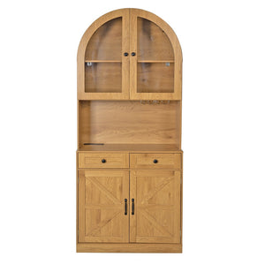 English Elm 75 Inch Farmhouse Pantry Cabinet with Charging Station Barn Door and Glass Shelving Oak W2917P493786