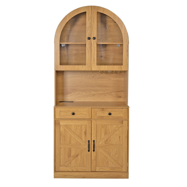 English Elm 75 Inch Farmhouse Pantry Cabinet with Charging Station Barn Door and Glass Shelving Oak W2917P493786