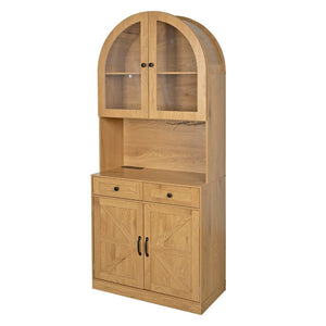 English Elm 75 Inch Farmhouse Pantry Cabinet with Charging Station Barn Door and Glass Shelving Oak W2917P493786