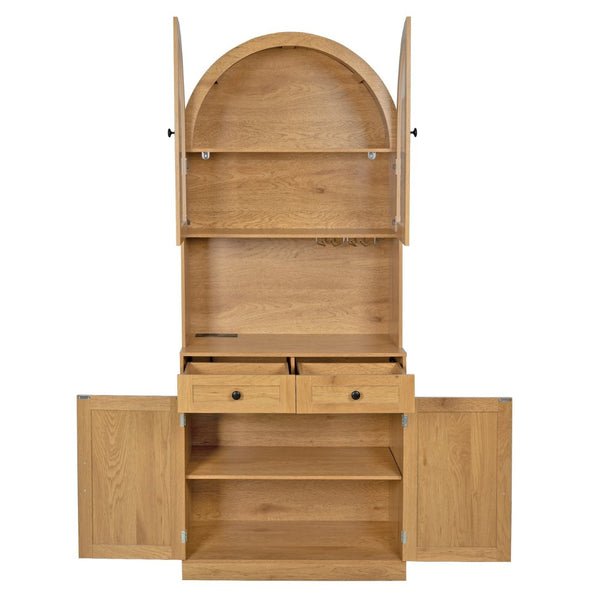 English Elm 75 Inch Farmhouse Pantry Cabinet with Charging Station Barn Door and Glass Shelving Oak W2917P493786