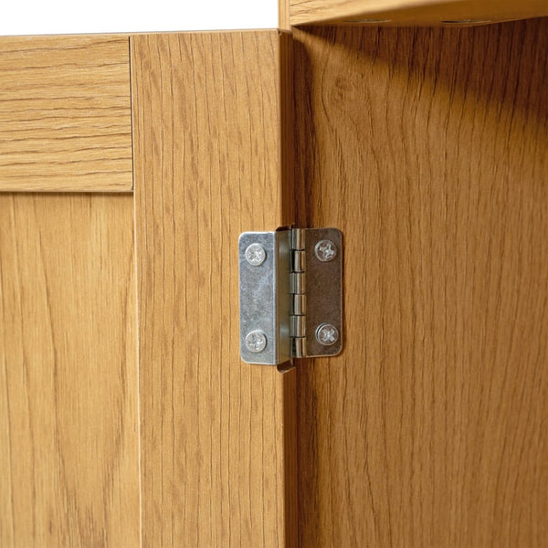 English Elm 75 Inch Farmhouse Pantry Cabinet with Charging Station Barn Door and Glass Shelving Oak W2917P493786