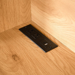 English Elm 75 Inch Farmhouse Pantry Cabinet with Charging Station Barn Door and Glass Shelving Oak W2917P493786