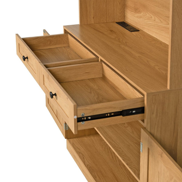 English Elm 75 Inch Farmhouse Pantry Cabinet with Charging Station Barn Door and Glass Shelving Oak W2917P493786