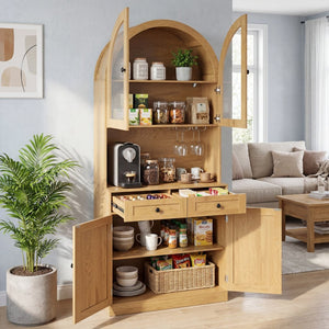 English Elm 75 Inch Farmhouse Pantry Cabinet with Charging Station Barn Door and Glass Shelving Oak W2917P493786