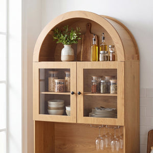 English Elm 75 Inch Farmhouse Pantry Cabinet with Charging Station Barn Door and Glass Shelving Oak W2917P493786