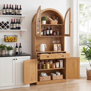 English Elm 75 Inch Farmhouse Pantry Cabinet with Charging Station Barn Door and Glass Shelving Oak W2917P493786