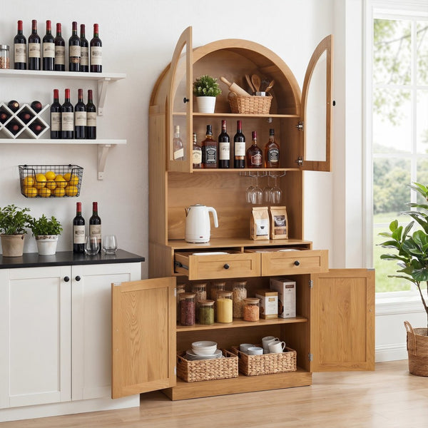 English Elm 75 Inch Farmhouse Pantry Cabinet with Charging Station Barn Door and Glass Shelving Oak W2917P493786