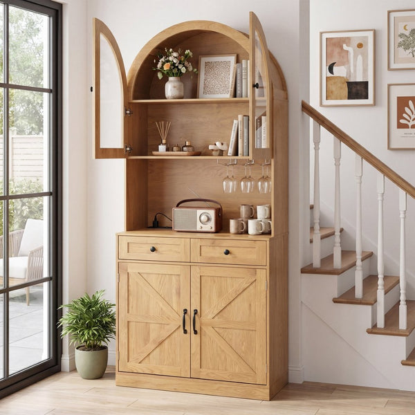 English Elm 75 Inch Farmhouse Pantry Cabinet with Charging Station Barn Door and Glass Shelving Oak W2917P493786