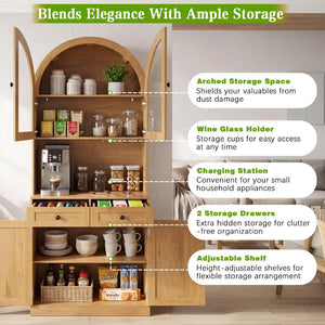 English Elm 75 Inch Farmhouse Pantry Cabinet with Charging Station Barn Door and Glass Shelving Oak W2917P493786