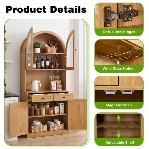 English Elm 75 Inch Farmhouse Pantry Cabinet with Charging Station Barn Door and Glass Shelving Oak W2917P493786