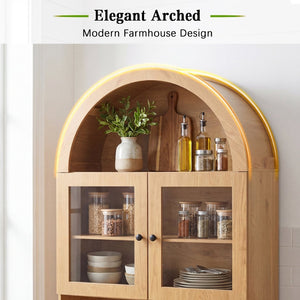 English Elm 75 Inch Farmhouse Pantry Cabinet with Charging Station Barn Door and Glass Shelving Oak W2917P493786