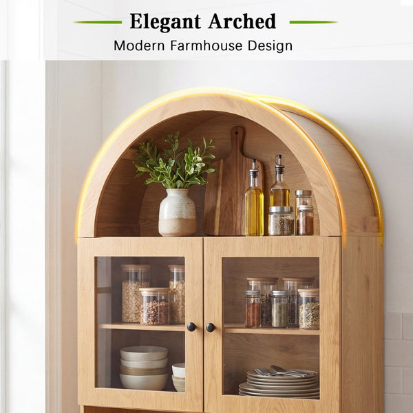 English Elm 75 Inch Farmhouse Pantry Cabinet with Charging Station Barn Door and Glass Shelving Oak W2917P493786
