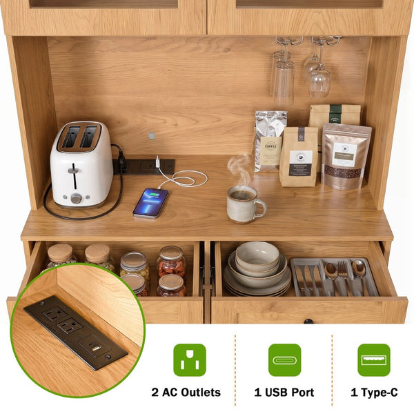English Elm 75 Inch Farmhouse Pantry Cabinet with Charging Station Barn Door and Glass Shelving Oak W2917P493786