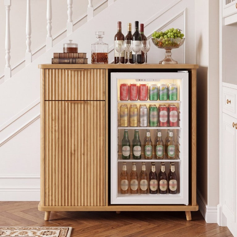 English Elm Fluted MDF Bar Cabinet with Mini Fridge Space Charging Station and Hidden Trash Storage Natural W2917P517150