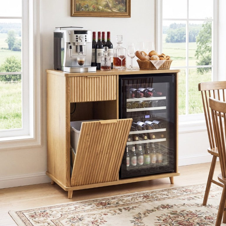 English Elm Fluted MDF Bar Cabinet with Mini Fridge Space Charging Station and Hidden Trash Storage Natural W2917P517150