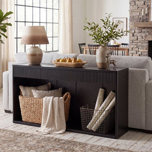English Elm 63 Inch Fluted Console Table with 3 Drawers Open Shelf for Entryway or Living Room Black W2917P542461
