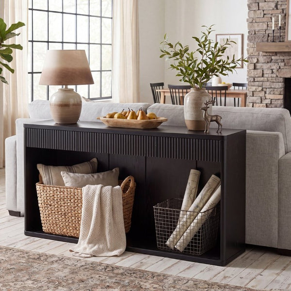 English Elm 63 Inch Fluted Console Table with 3 Drawers Open Shelf for Entryway or Living Room Black W2917P542461